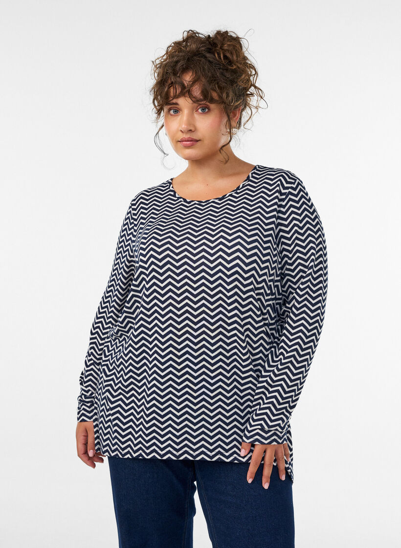 Patterned blouse with long sleeves, Blue, Model image number 0