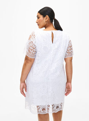 Short-sleeved lace party dress, Bright White, Model image number 1