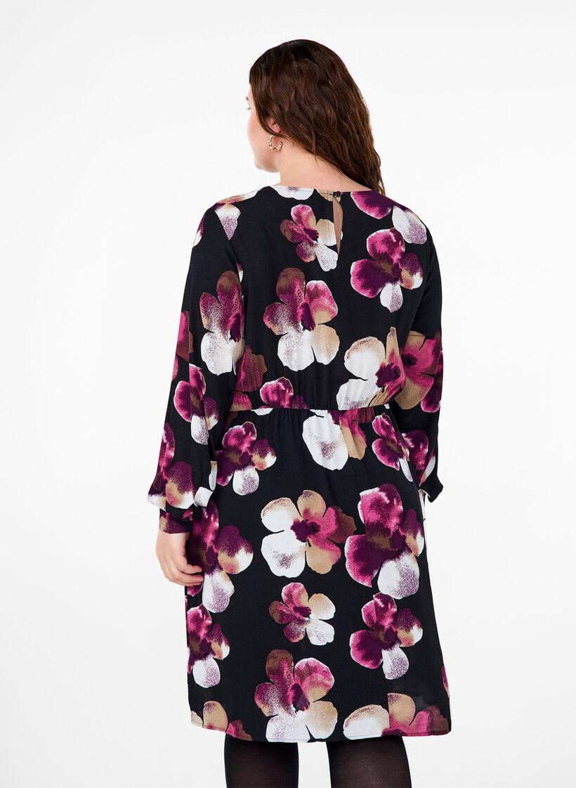 Viscose dress with print and long sleeves, Black, Model image number 2