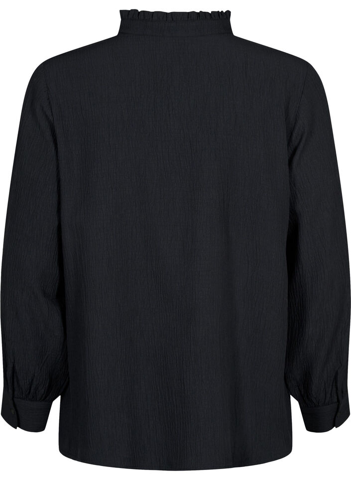Long-sleeved blouse with ruffle collar, Black, Packshot image number 1