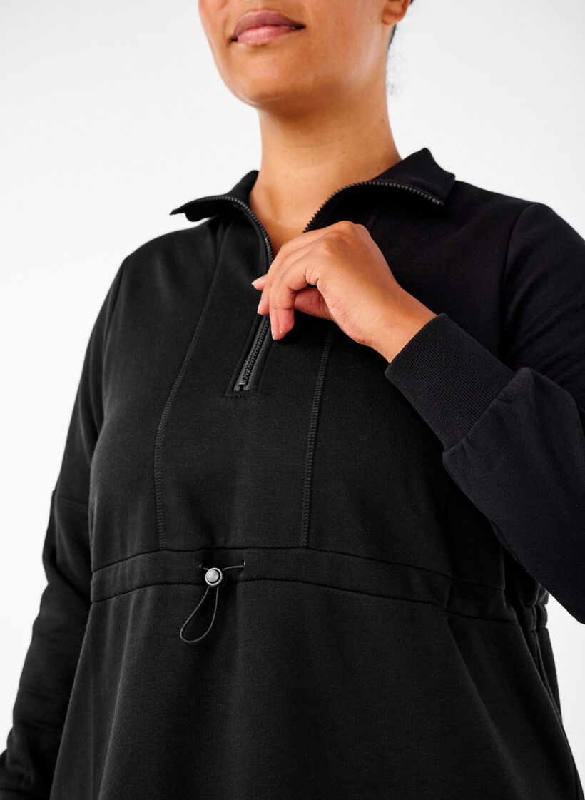 Short sweatshirt dress with a high neck and adjustable waist, Black, Model image number 2