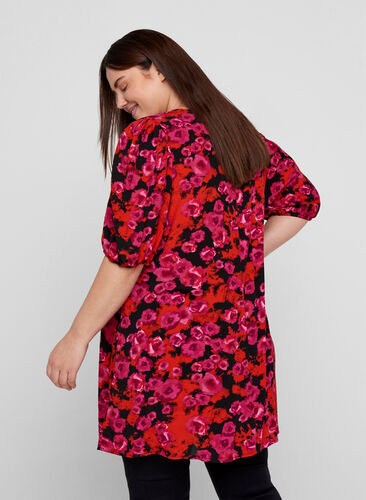 Viscose tunic with floral print, RED FLOWER AOP, Model image number 1