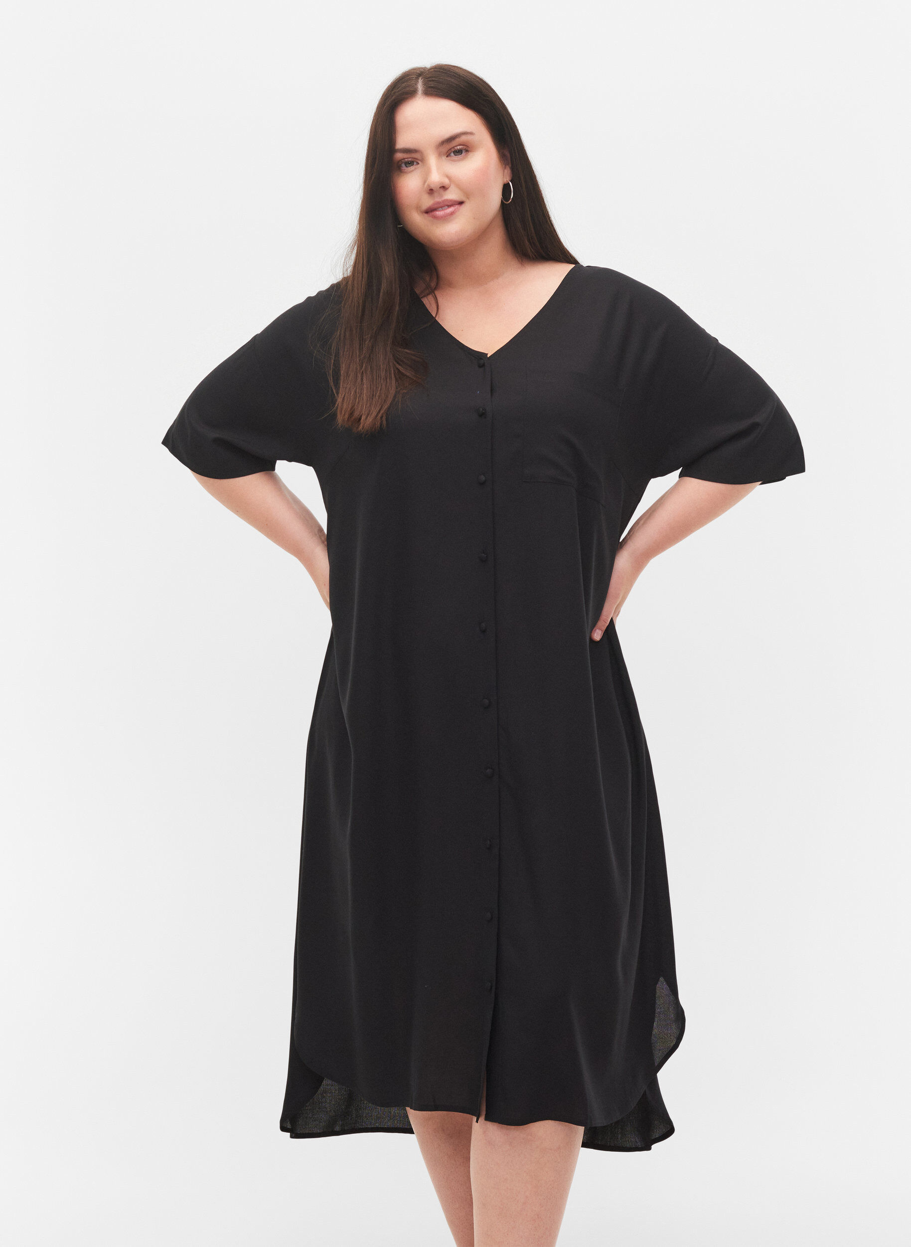 Zizzifashion Short-sleeved viscose shirt dress, Black, Model image number 0