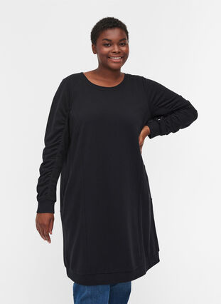 Sweatshirt dress with pockets and ruched sleeves, Black, Model image number 0