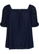 Blouse with short puff sleeves and an openwork pattern, Blue, Packshot image number 0