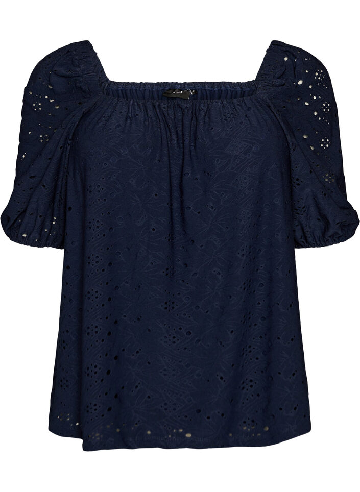 Blouse with short puff sleeves and an openwork pattern, Blue, Packshot image number 0