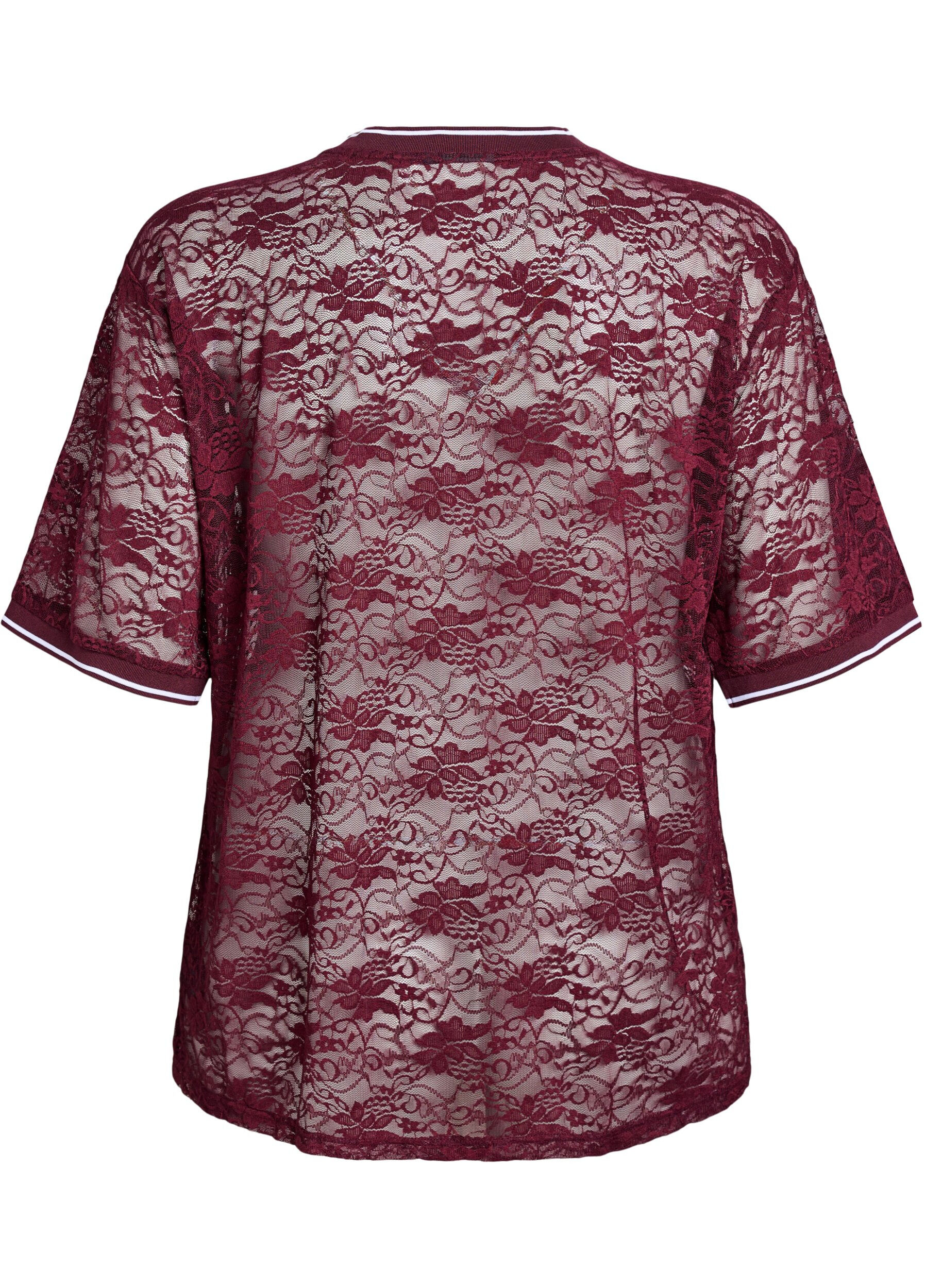 Zizzifashion Sporty lace t-shirt with a loose fit, Dark Bordeaux, Packshot image number 1