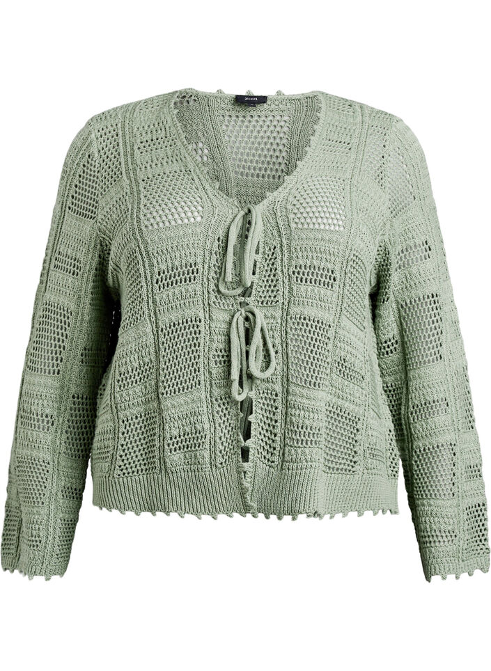 Knitted cardigan with ties and an openwork pattern, Green, Packshot image number 0