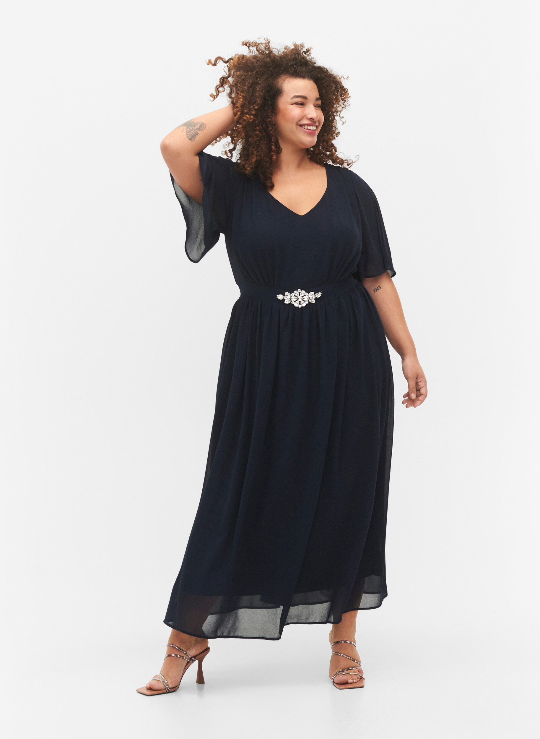Zizzifashion Maxi dress with pleats and short sleeves, Total Eclipse, Model image number 0
