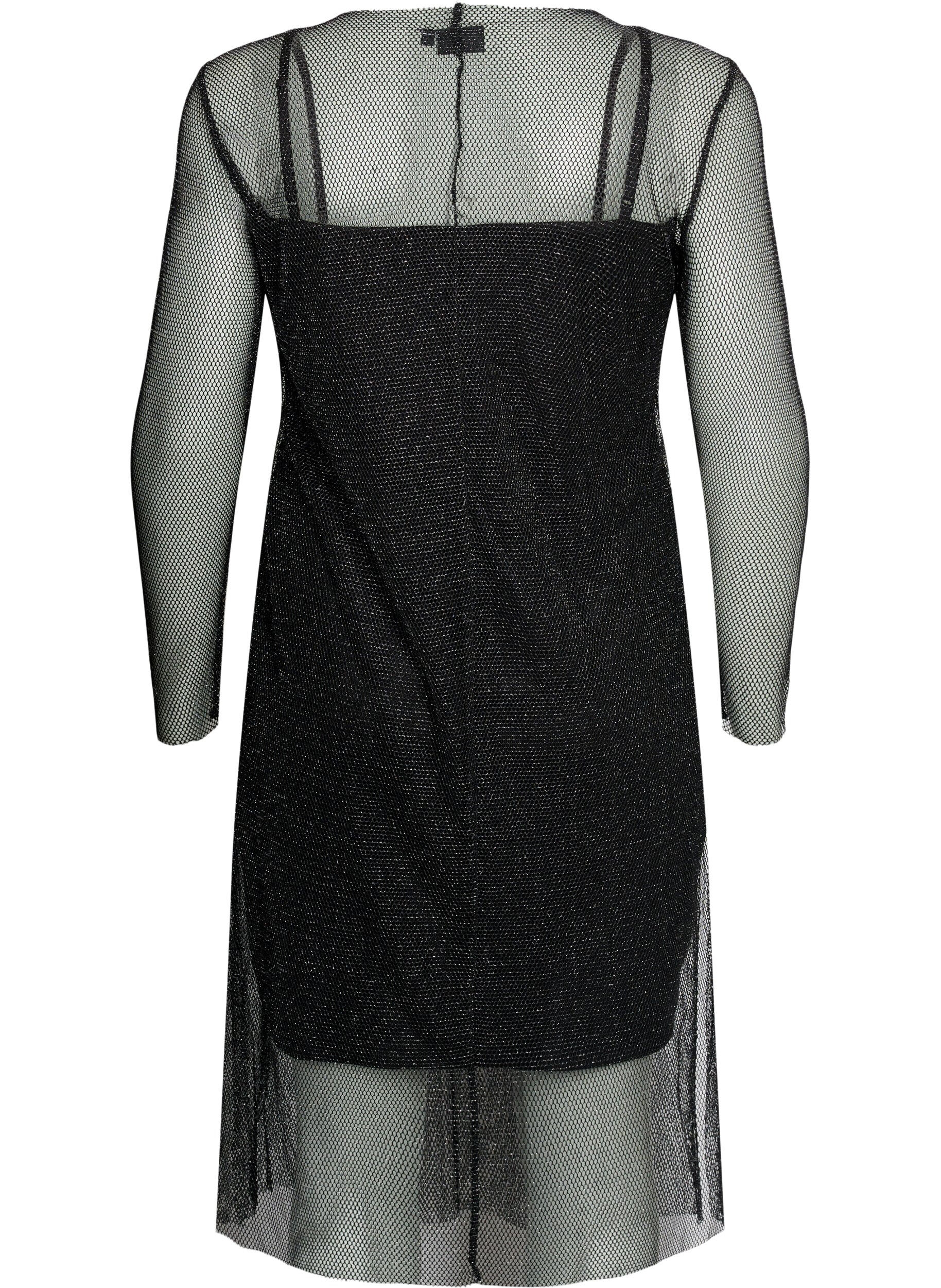 Zizzifashion Net dress with long sleeves, Black w. Silver, Packshot image number 1