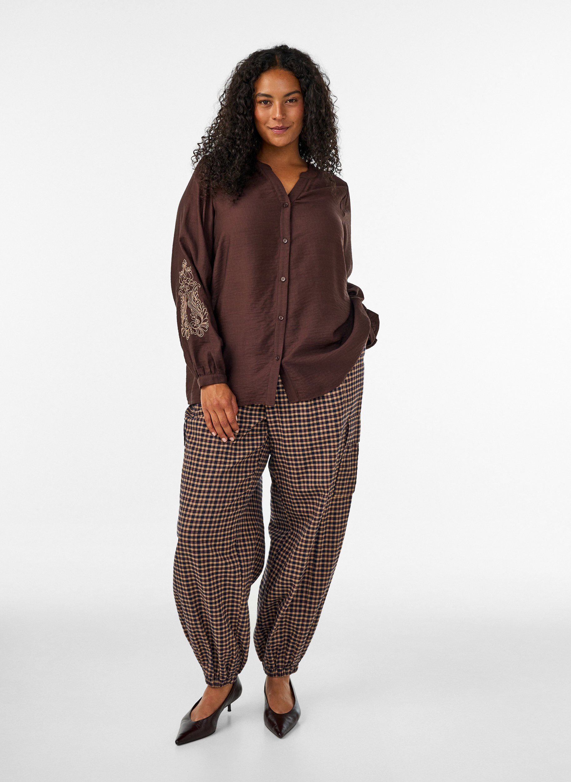 ZizzifashionViscose shirt with embroidered sleeves, Brown, Model image number 1