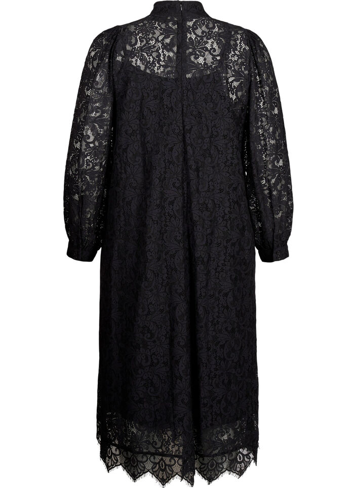 Long-sleeved lace dress with high neck, Black, Packshot image number 1