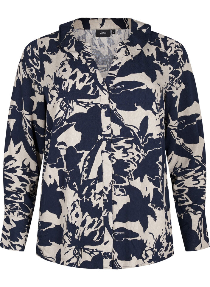 Long-sleeved shirt with print and V-neck, Navy Blazer AOP, Packshot image number 0