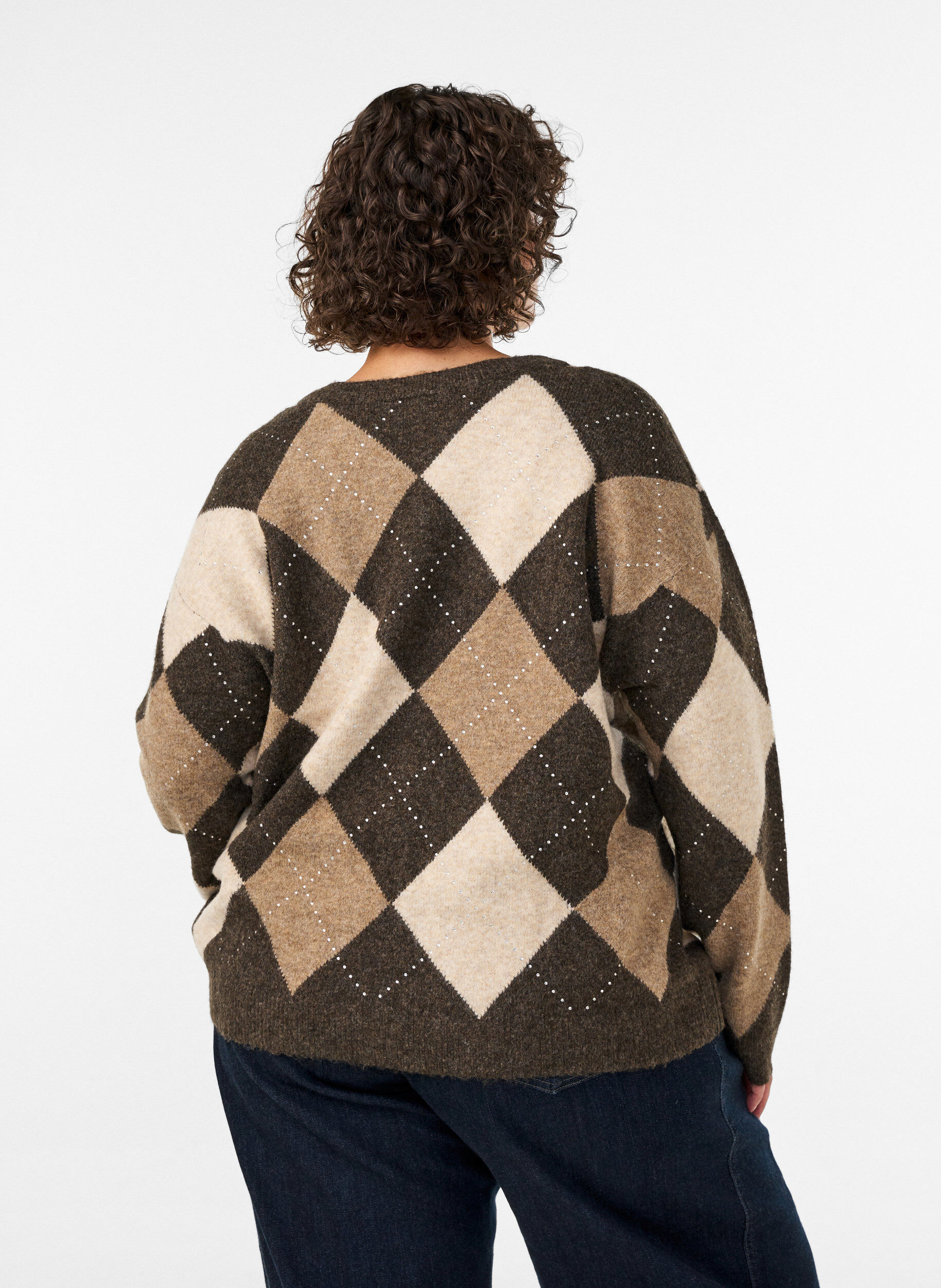 ZizzifashionArgyle cardigan with rhinestones, Brown, Model image number 2