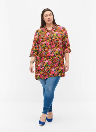 Floral viscose tunic with 3/4 sleeves, Neon Flower Print, Model image number 2
