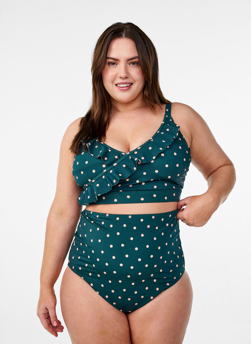 Extra high-waisted bikini brief with floral print, Green, Model image number 0