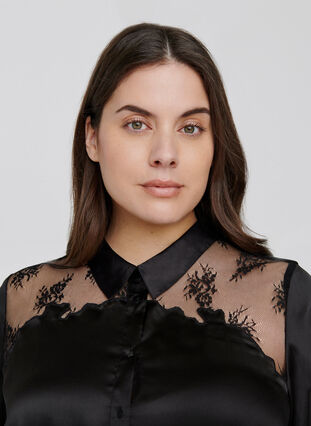 Shirt with mesh and lace, Black, Model image number 2