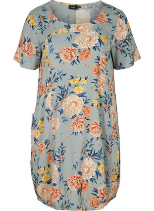 Short-sleeved viscose dress with print, Light Blue Flower, Packshot image number 0