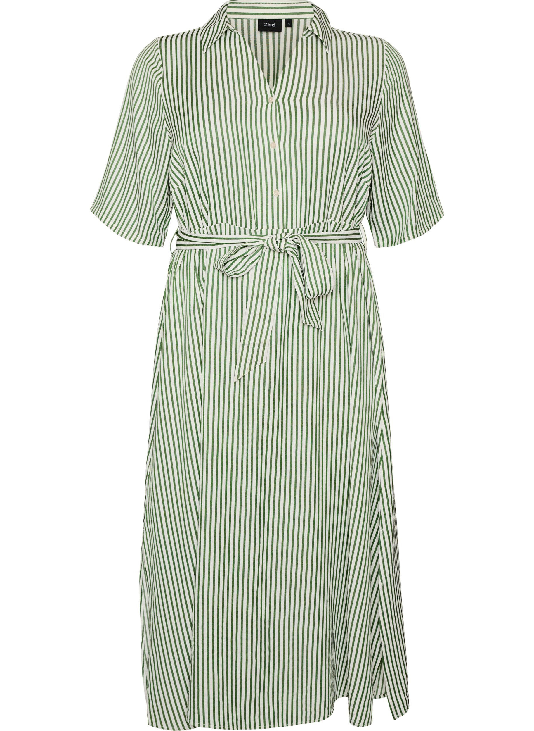 Zizzifashion Ankle-length shirt dress with tie belt and stripes, Green, Packshot image number 0