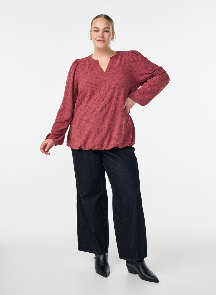 Long-sleeved blouse with floral embroidery, Rose, Model image number 1