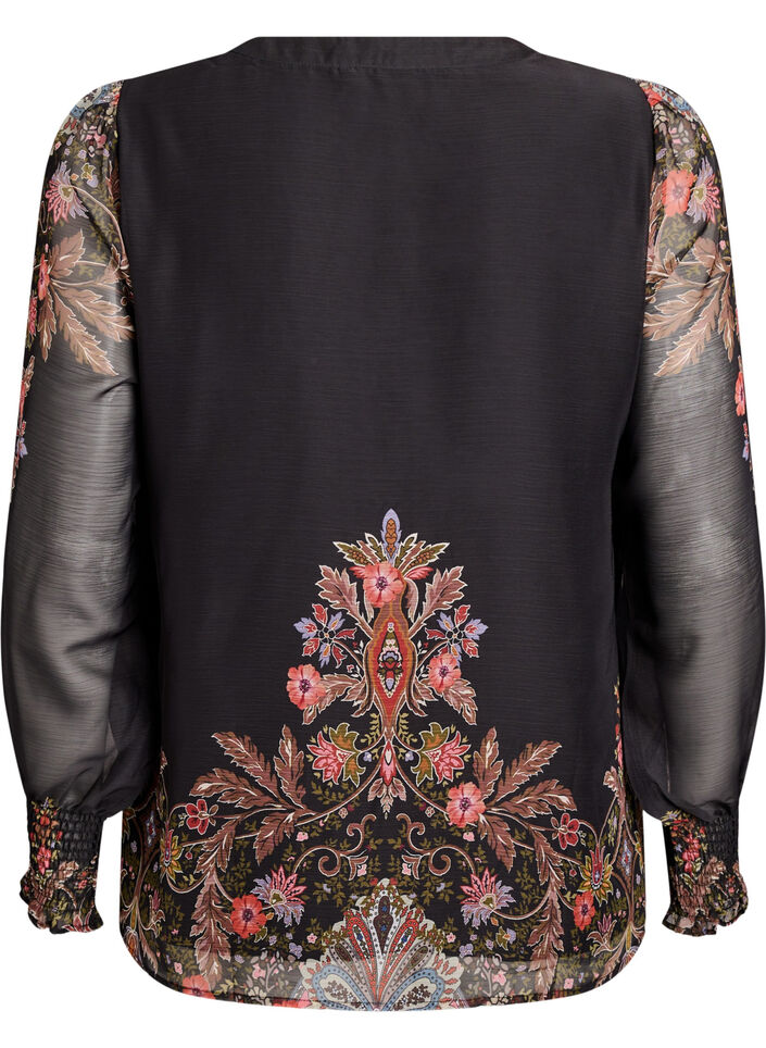 Blouse with paisley print and sheer sleeves, Black, Packshot image number 1