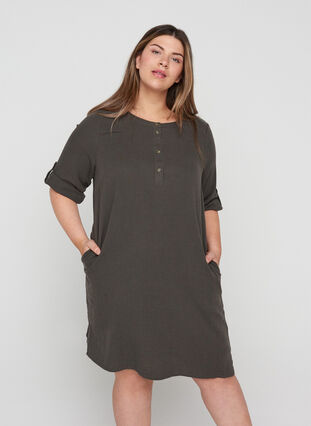 Cotton dress with buttons and 3/4 sleeves, Khaki As sample, Model image number 0