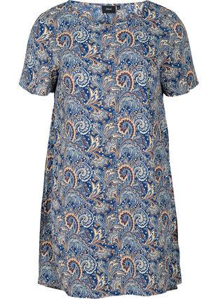 Short-sleeved tunic with a round neck, Dark Blue Paisley , Packshot image number 0