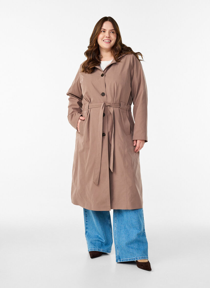 Trench coat with hood and tie belt, Brown, Model image number 1