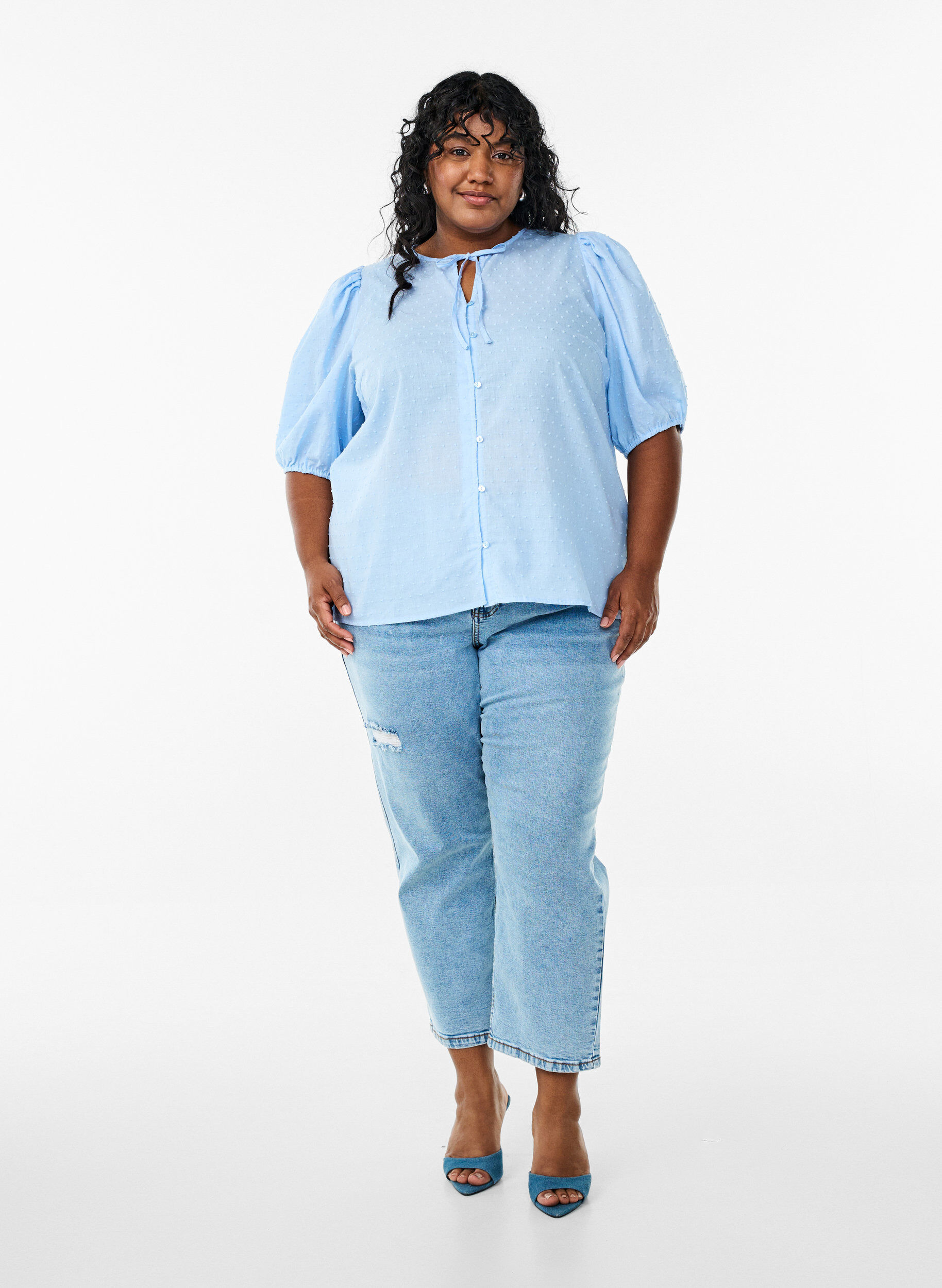 Zizzifashion Shirt blouse with tie string and dotted texture, Light Blue, Model image number 1