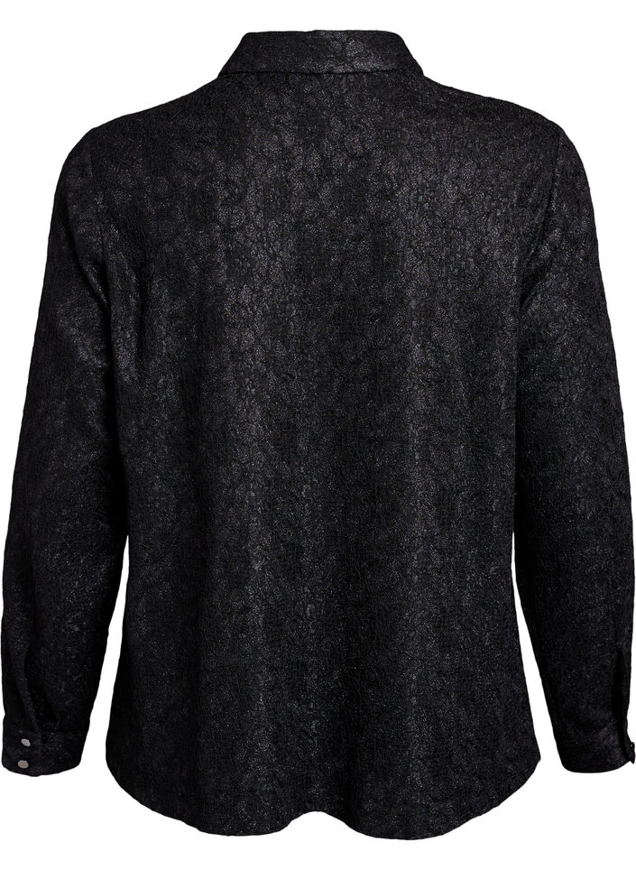 Shirt with lace texture and glitter thread, Black, Packshot image number 1