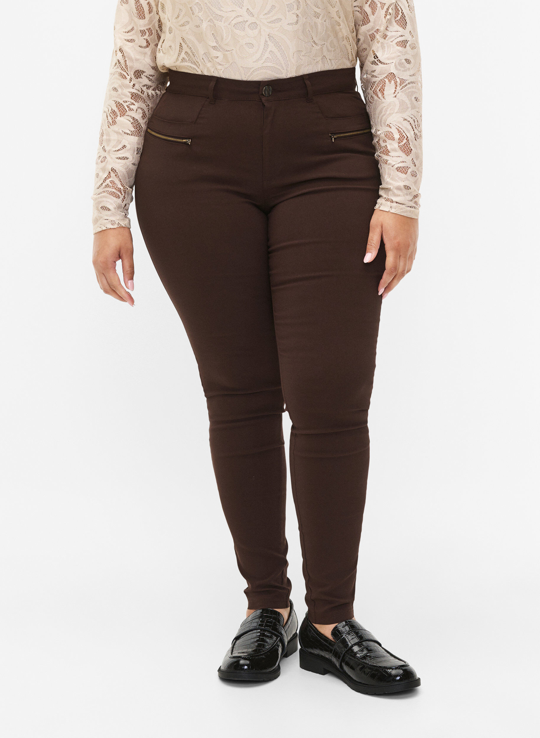 Zizzifashion Close-fitting trousers with zipper details, Brown, Model image number 2