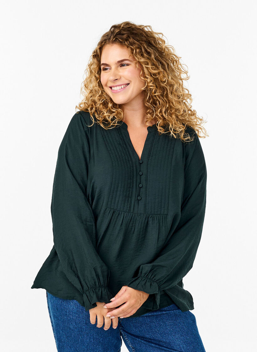 Long-sleeved blouse with a V-neck, Scarab, Model image number 0