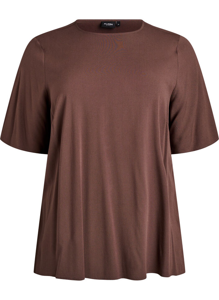 Short-sleeved woven blouse with round neck, Brown, Packshot image number 0