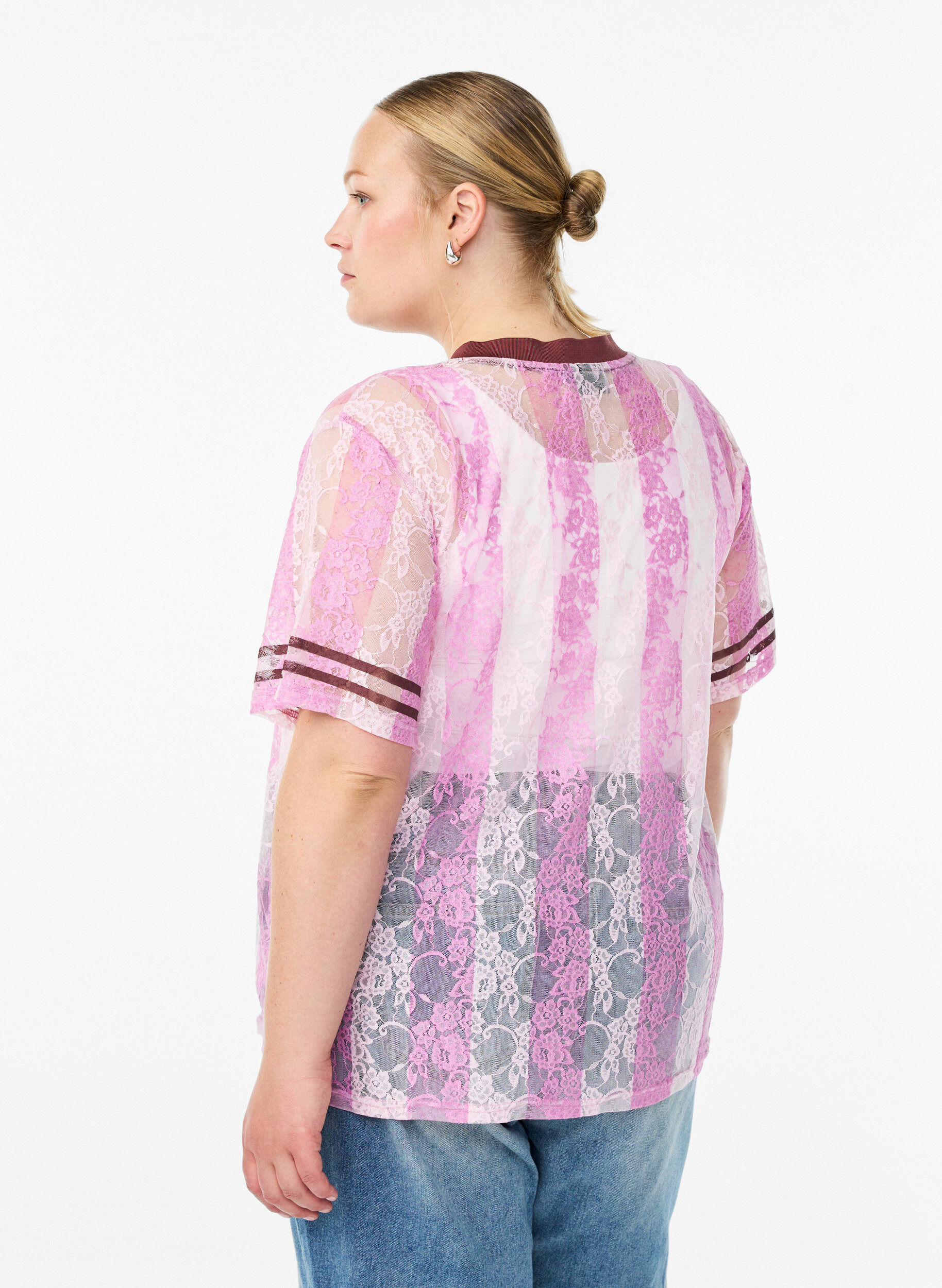 Zizzifashion Striped lace blouse with statement print, Rose, Model image number 2