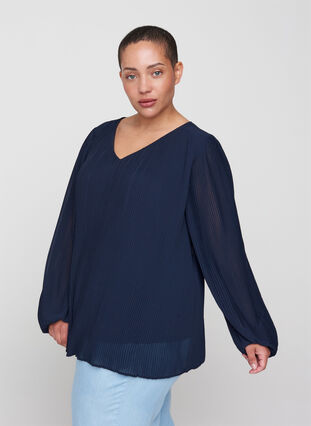 Long-sleeved pleated blouse with v-neck, Night Sky, Model image number 0