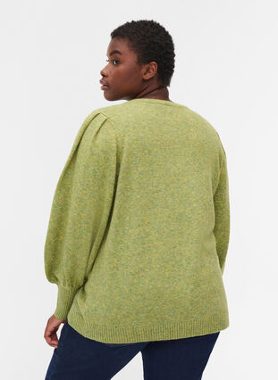 Melange knit sweater with puff sleeves, Green Olive Mel., Model image number 1