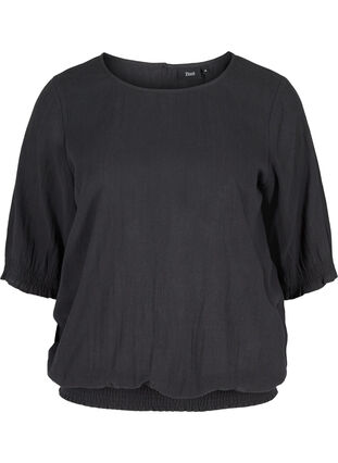Short-sleeved cotton blouse with smock, Black, Packshot image number 0