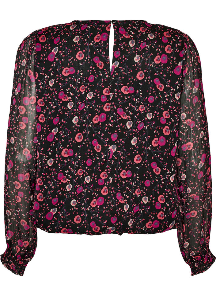 Floral chiffon blouse with sheer sleeves, Black, Packshot image number 1