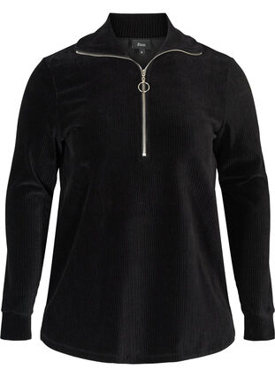 High neck velour blouse with zip, Black, Packshot image number 0