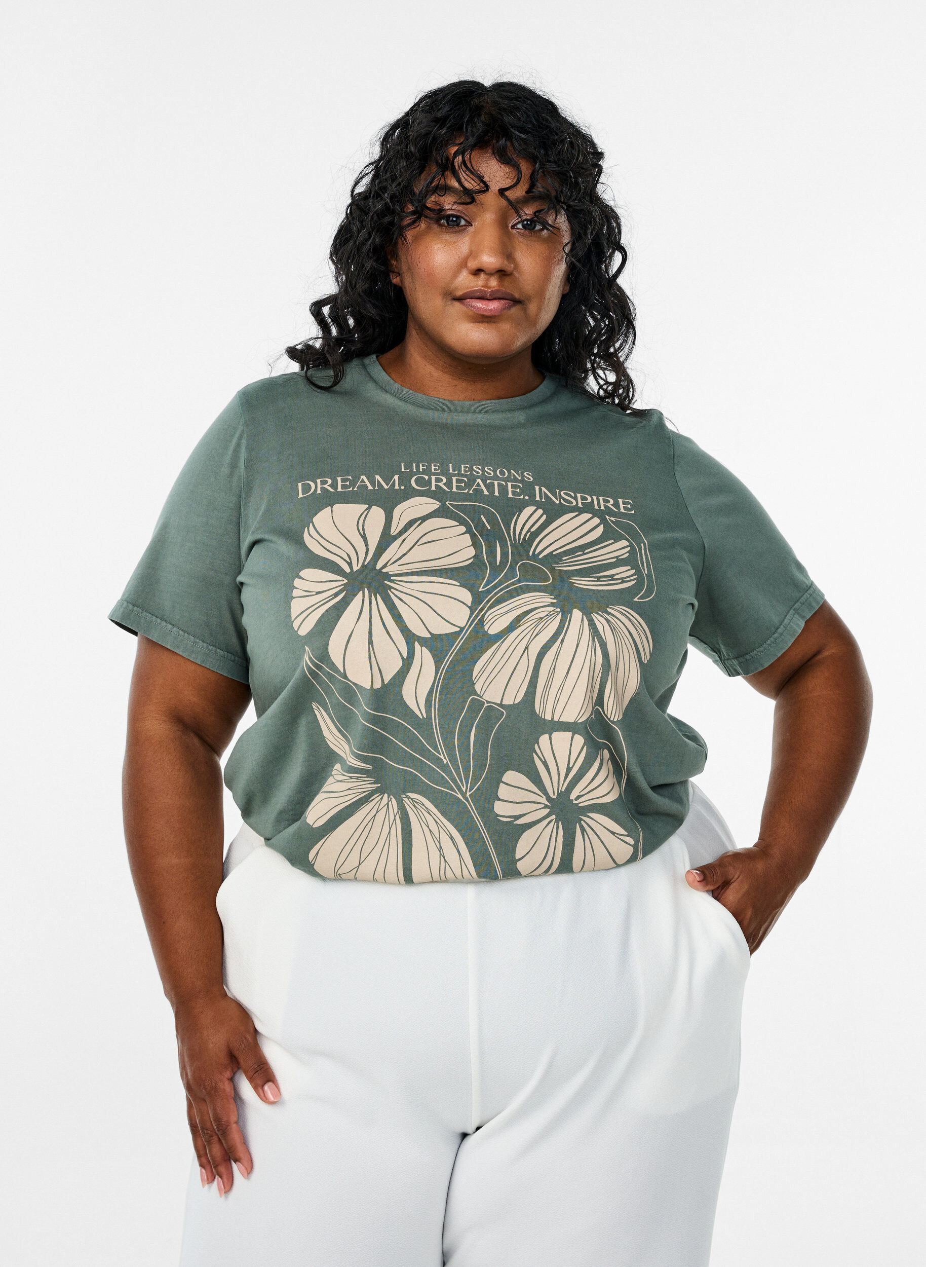 Zizzifashion Organic cotton T-shirt with text and floral print, Green, Model image number 0
