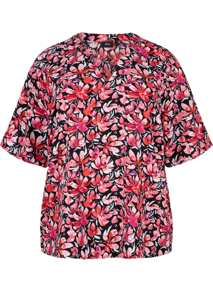 V-neck blouse with floral print, Black Flower AOP, Packshot image number 0