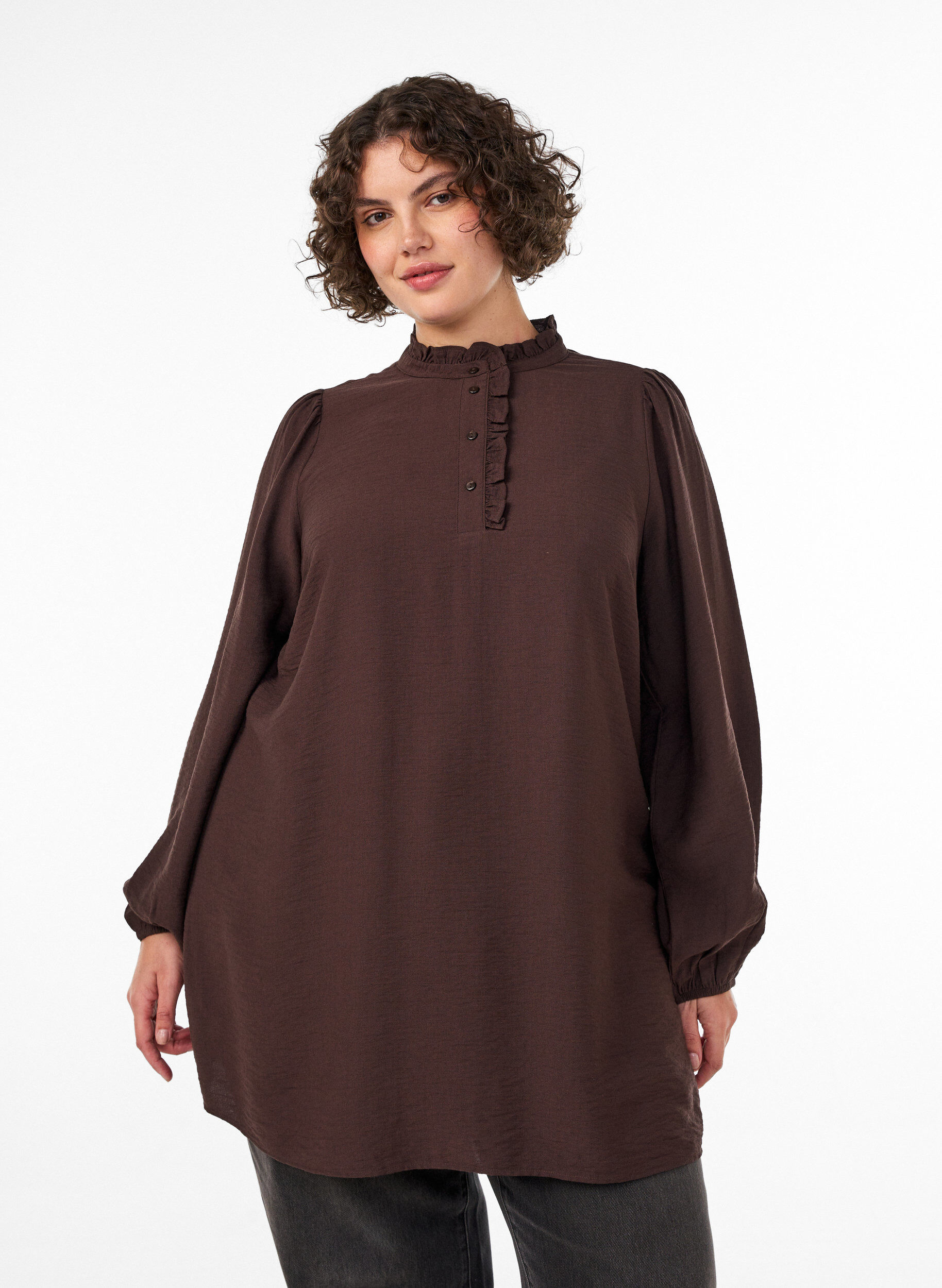 ZizzifashionViscose tunic with ruffles and buttons, Brown, Model image number 0
