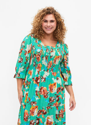 Printed viscose dress with smock at the top, Arcadia AOP, Model image number 2