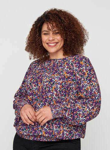 Viscose blouse with smocking and a floral print, Purple FLower AOP, Model image number 0
