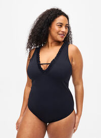 V-neck swimsuit with ruffles, Black, Model
