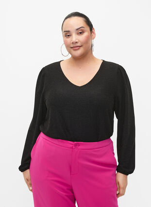 Glitter blouse with puff sleeves, Black Black, Model image number 0