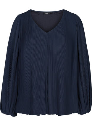 Long-sleeved pleated blouse with v-neck, Night Sky, Packshot image number 0