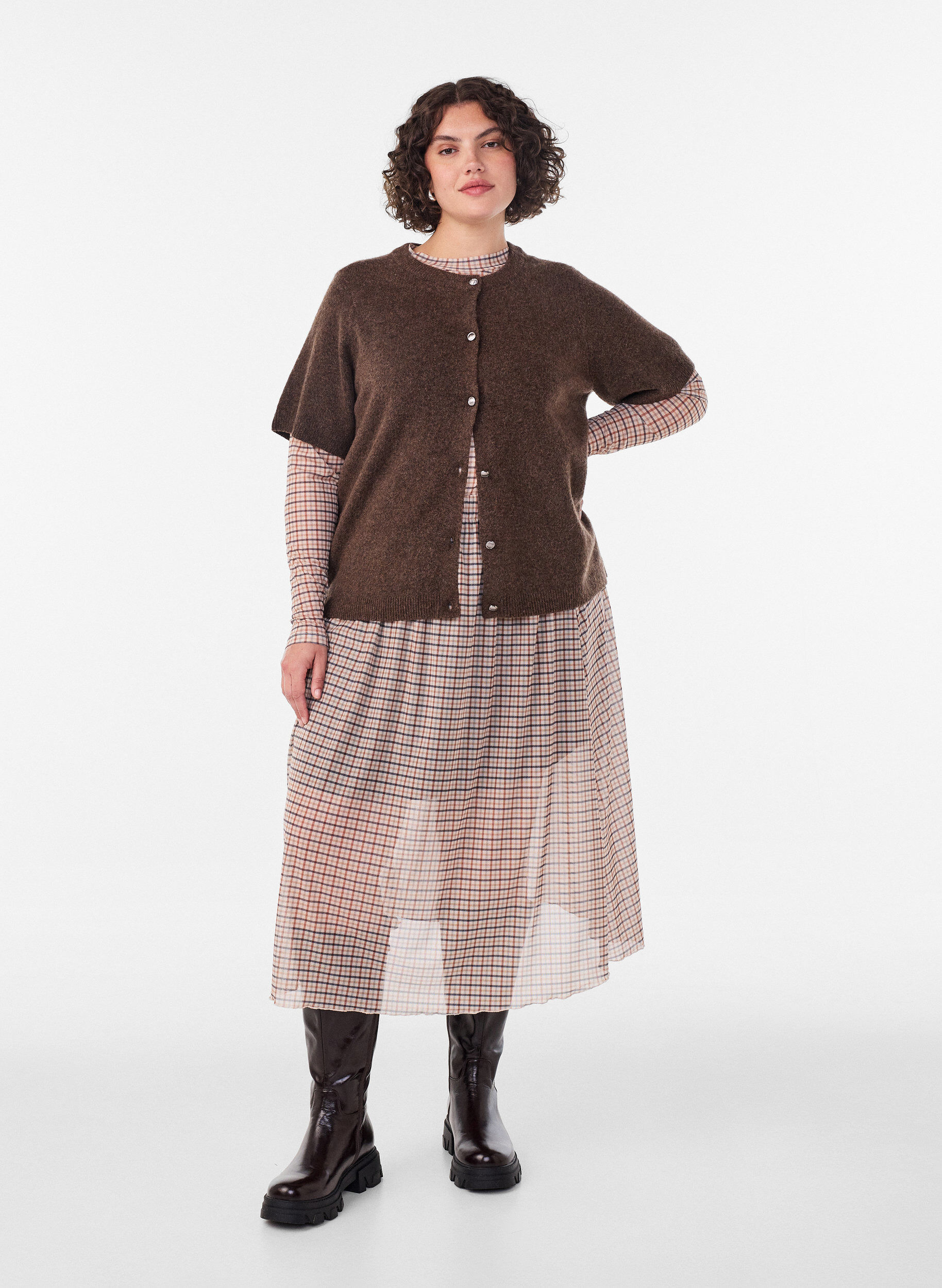 Checked mesh blouse, Beige, Model