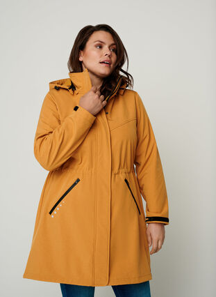 Long, hooded softshell jacket, Spruce Yellow, Model image number 0