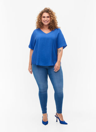 Short-sleeved viscose blouse with v-neck, Dazzling Blue, Model image number 2